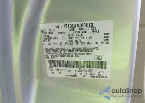 2010 Mercury Mariner from USA, damaged, VIN 4M2CN9BG0AKJ21754